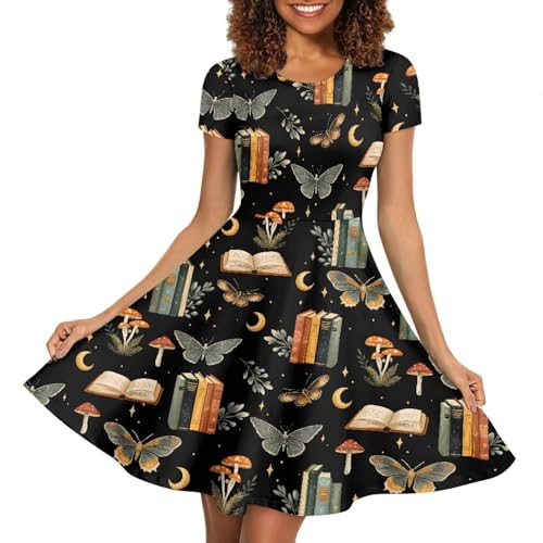 Image of POLERO Women Puffy Swing Elegant Party Midi Dresses Short Sleeve Round Neck A-Line Dress