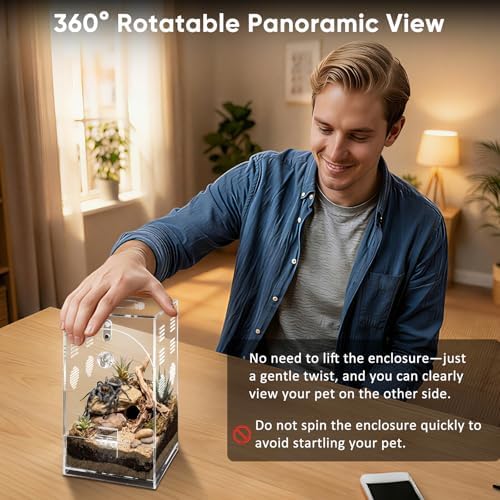 YINGXUN 360 Rotating Acrylic Reptile Enclosure, Pre-Assembled Arboreal Terrarium for Jumping Spiders & Tarantulas, Clear Habitat with Integrated Turntable, 4.3x4.3x7.5 — view 6