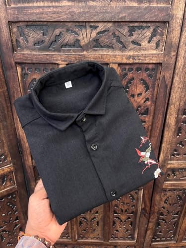 Image of Men's Premium Linen Embroidered Shirt - Casual Designer Floral Bird Embroidery Shirt for Men | Breathable Lightweight Summer Casual Party & Vacation Wear