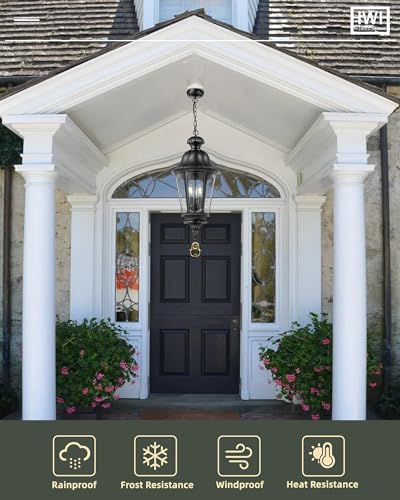 Image of Outdoor Pendant Lights for Porch, HWH 26'' Large Exterior Hanging Light Fixtures with Seeded Glass, Outdoor Hanging Chandelier for Porch Patio Gazebo Hallway, Matte Black Finish, 5HW90H-L BK