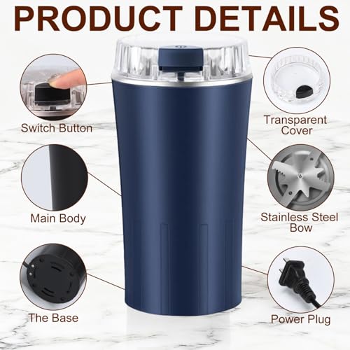 Electric Coffee Bean Grinder, Coffee Spice Grinder, 300W Nut Electric Grinders with 304 Stainless Steel Blades, One Touch Operation for Coffees Mill Home Use or Kitchen (Blue) - Thumbnail 5