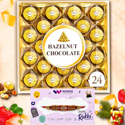 Image of WINNI - Premium 24 Pcs Hazelnut Chocolates + Rakhi Pack | Belgian Dark Chocolates Gift | Handmade Celebration Chocolate Gift Box For Birthday, Anniversary, Valentine's Day, Partner, Couple, Husband, Wife, Girls, Boys, Girlfriend, Boyfriend | Imported Chocolates | Chocolate Bouquet Hamper | Return Gift Box