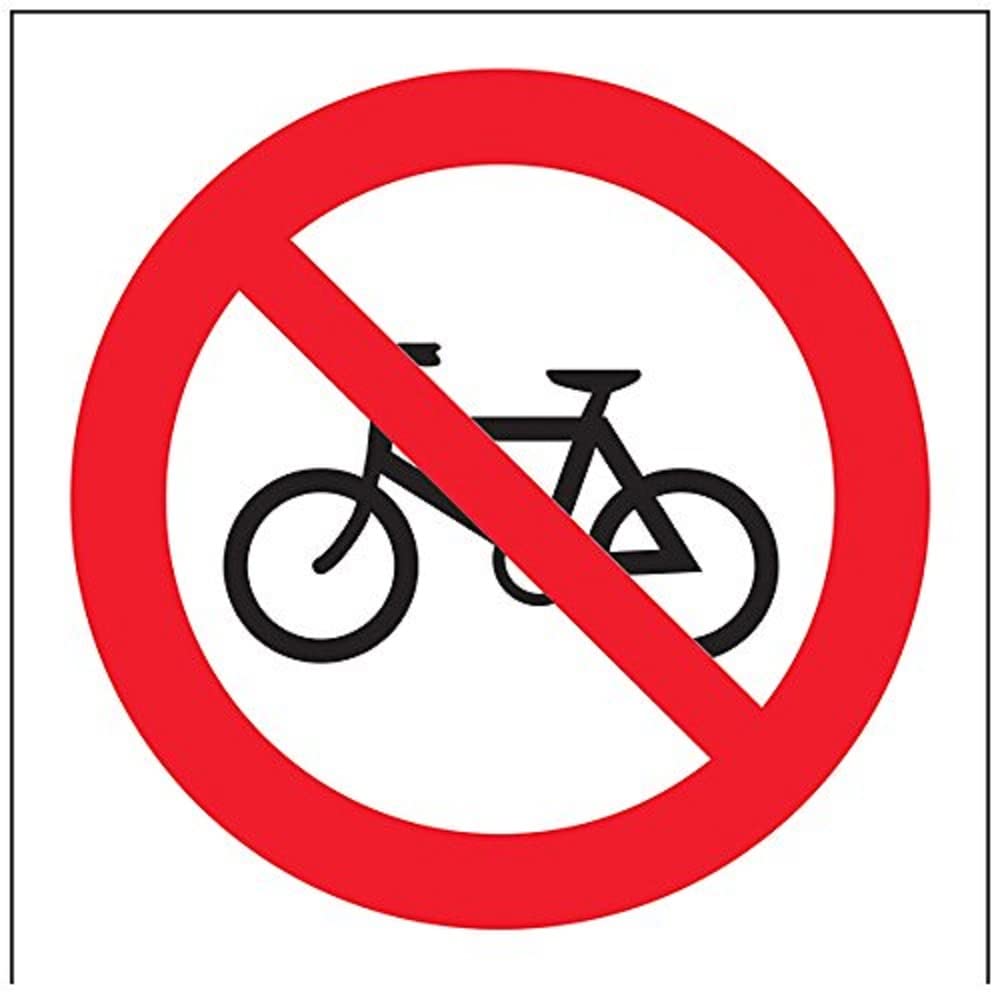 V Safety No Cycling Symbol Prohibition Sign - 100mm x 100mm - Self Adhesive Vinyl