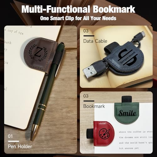Image of Personalized Magnetic Leather Pen Holder Bookmark - Custom Engraved Initial Letter Bookmarks Clip, Customized Gifts for Book Lovers Readers Women (Pen Holder Bookmark)