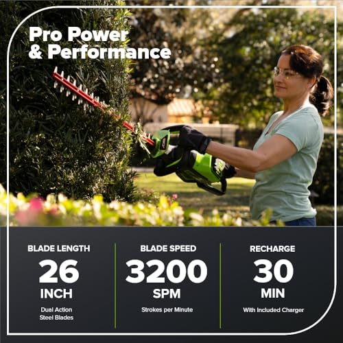 Image of Greenworks 82V 26 in Cordless Hedge Trimmer, 2.0 Ah Battery and Charger