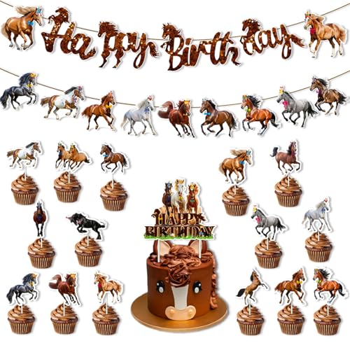 Décoration anniversaire cheval : kit guirlande et toppers gâteau far west