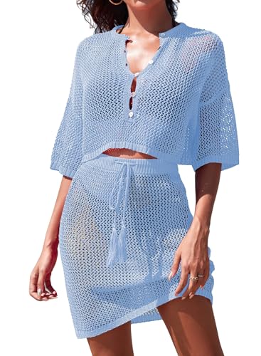 Pink Queen Women's Fashion Crochet Hollow Out Cover Up Set Sexy 2 Piece Button Down V Neck Beach Coverups Swimsuit Light Blue S
