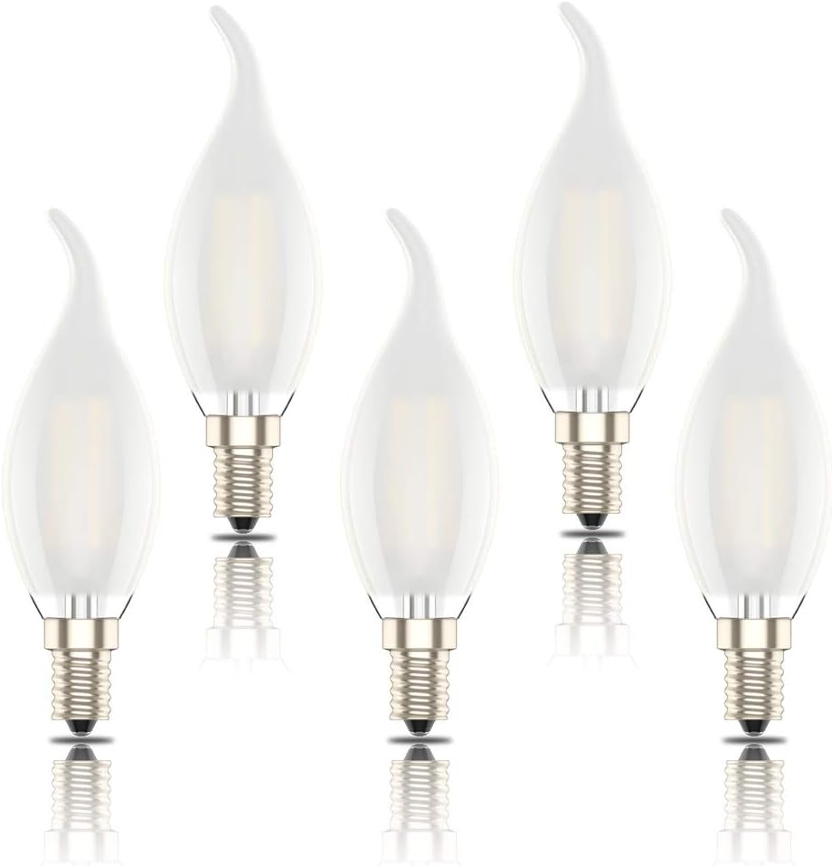 E14 LED Candle Bulbs, Frosted Flame Filament, SES C35 Small Edison Light Bulb, 4W (40W Equivalent), Warm White 2700K, Pack of 5