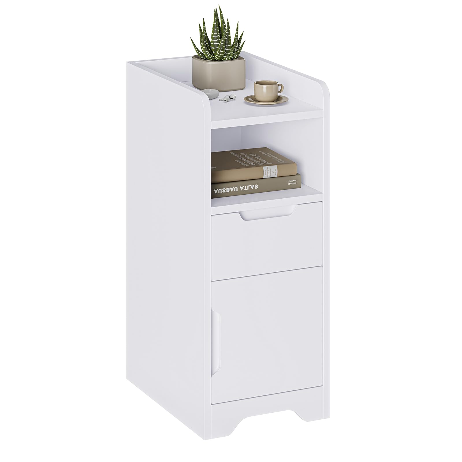 Brinlawb Comodino stretto, comodino con 1 scomparto aperto, 1 cassetto e 1 armadio con anta, tavolino sottile per soggiorno, camera da letto, perfetto per piccoli angoli, bianco