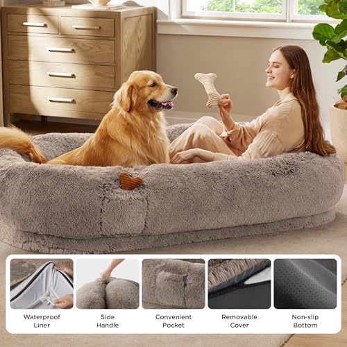 Image of Bedsure Human Dog Bed, 71.0 inch x 44.0 inch x 12.0 inch Calming Giant Human Dog Bed for Adults People Fits Pet Families with Storage Pocket, Fluffy Faux Fur Orthopedic Pet Bean Bed, Camel