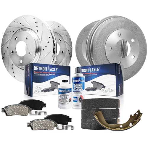 Image of Detroit Axle - Brake Kit for 2001-2007 Ford Escape, 2001-2006 Mazda Tribute, 2005-2007 Mercury Mariner, Front Rotors Ceramic Brake Pads Rear Drums Brake Shoes Front and Rear Replacement Kit