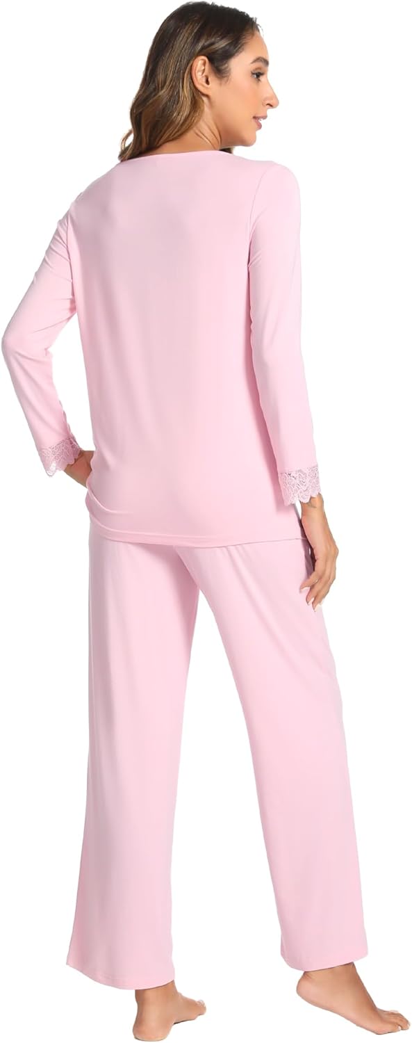 GYS Women's Pajama Sets Viscose from Bamboo Lace Trim Long Sleeve Sleepwear Soft Pjs Lounge Sets with Pockets - Image 3