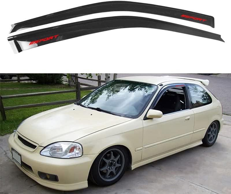 EVPROXP Window Visor Rain Guard Shade Compatible with 96-00 Civic Hatchback, Side Window Vent Deflector, Dark Smoke Tinted, JDM Tape On Style, with Red Sport