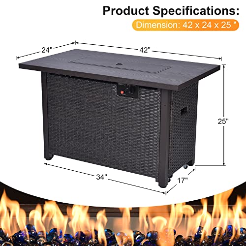 Fire Pit Table 42 Inch Outdoor Propane Gas Fire Pit For Outside 50,000 Btu Auto-Ignition Gas Firepit Outdoor Rattan Table With Glass Wind Guard And Cover #TOP3