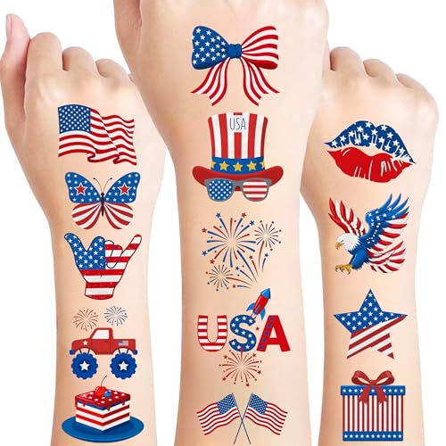 85Pcs Fourth Of July Patriotic Temporary Tattoos - Memorial Day Decorations Party Favors 4th of July Decorations Supplies 4th of July Gift Patriotic Accessories Independence Day Red White Blue USA