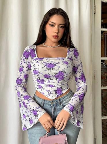 Image of Istyle Can Floral Print Slim‑Fit Crop Top with Square Neck & Bell Sleeves Casual for Women, 95 % Polyester /5 % Elastane Knit, Trendy Crop Tee for Jeans and Skirts