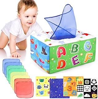 DINORUN Zabawki dla niemowląt w wieku 0-6 miesięcy, pudełko na chusteczki dla niemowląt, zabawki sensoryczne dla niemowląt, Montessori, miękkie, wypchane, wysoki kontrast, marszczone, noworodki,