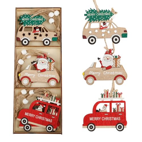 Tabanzhe 9PCS Christmas Tree Wooden Hanging Ornaments-Car Santa Claus Snowman Pattern Decoration Pendant Set with Hemp Rope Embellishments Craft Gifts for Xmas Tree Home Decor