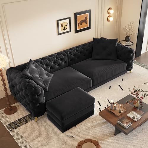Image of KEIKI 97.7 inch Convertible Sleeper Sofa Bed, 3 in 1 Pull Out Sofa Bed, 4-Seater Button Tufted Couch with Movable Ottoman for Living Room, Bedroom, Apartment, Black
