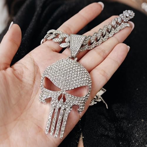 Cool Skull Necklace for Men Women, Halloween Necklace, Iced Out Cuban Chain Diamonds with Bling Skulls Pendant, Chunky Cubic Link Chains Necklaces, Unique Large Hip Hop Rhinestone Gifts, Mens Big Gold Plated Cosplay Costume Punk Gothic Goth Jewelry4