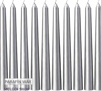 Gümüş Renk İnce Şamdan Mum Seti, 25 cm Uzunluk, 10’lu Paket, Dekoratif Taper (Dilek) Mum, Şık Masa, Davet ve Özel Gün Dekorasyonu İ