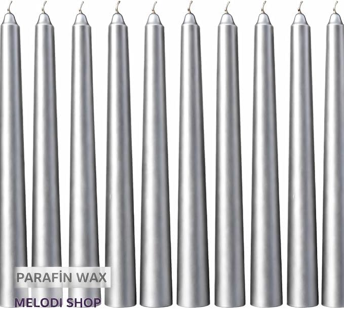 Gümüş Renk İnce Şamdan Mum Seti, 25 cm Uzunluk, 10'lu Paket, Dekoratif Taper (Dilek) Mum, Şık Masa, Davet ve Özel Gün Dekorasyonu İ