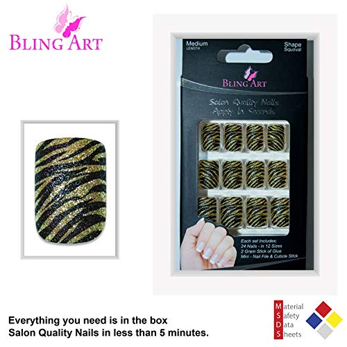False Nails by Bling Art Gold Black French Manicure Fake Medium Tips with Glue