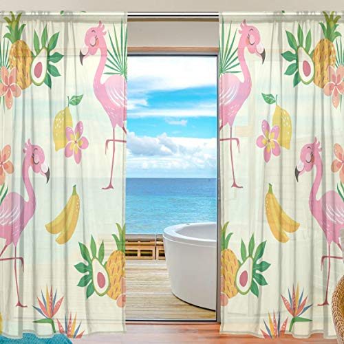 Imprimir Semi transparente para el hogar Dormitorio Sala de estar Decoración Cortina de ventana Fauna retro Tulle Flamingo Leaf Cortina transparente de piña tropical 55x84 pulgadas 2 paneles Cortinas