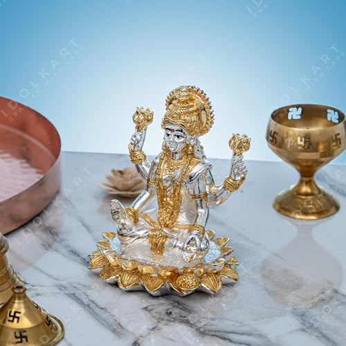 Image of Idolkart Pure Gold and Silver Coated Lakshmi Devi Idol - Beautiful and Detailed Laxmi Murti Ideal for Pooja - Divine Laxmi Idol Symbolizing Prosperity and Wealth - Sitting Lakshmi Devi Idol (3 inch)
