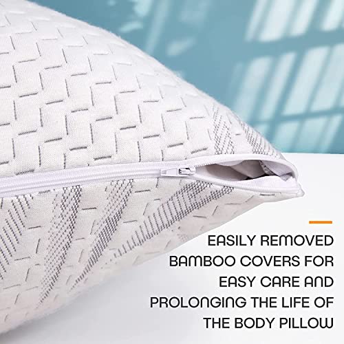 WhatsBedding Memory Foam Body Pillow for Adults with Zipperd Rayon Derived from Bamboo Cover, Breathable Long Pillow for Side Sleeper, Shredded Memory Foam Stuffing, Grey Leaf
