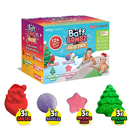 Zimpli Kids 12 x Christmas Bath Bomb Gift Set from, Great Value Stocking Fillers for Children, Bath Fizzers, Xmas Presents for Boys & Girls, Organic, Moisturising, Vegan Friendly & Cruelty Free