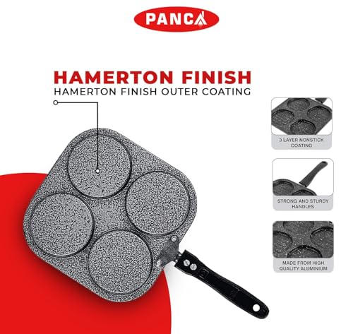 Image of PANCA Non Stick Grill Pan Mini Uttapam Tawa 4 Cavity Aluminium Pancake Maker with Handle, Sandwich Maker, Chilla Crepe Dosa Omelette Appam Momo Snack Maker Pan for Gas Stove Kitchen Cookware