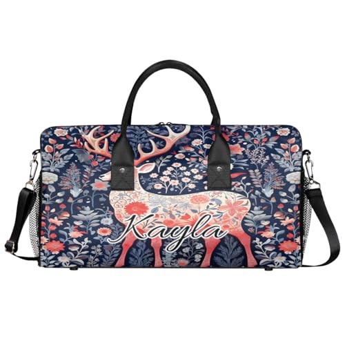 Boho Deer Custom Travel Bag, Personalized Duffle Bag with Initials Name, Retro Floral Sports Dance Gym Tote Bags Weekender Overnight Bags for Women Men