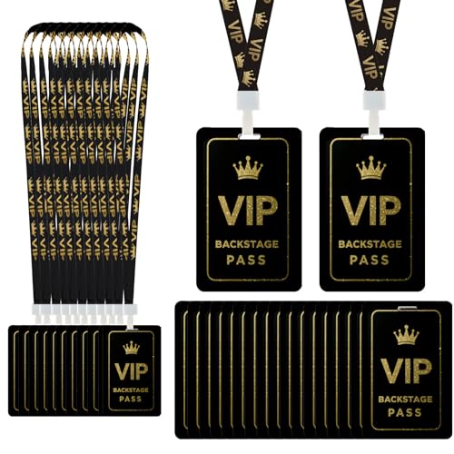 30 Pack Deluxe VIP Access Lanyard Sets - Backstage Pass Cards for Exclusive Events, Concerts, Movie Nights - Elegant, Party( Black & Gold ) (Black)