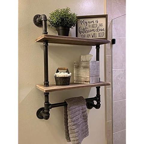 FODUE Industrial Pipe Bathroom Shelves with Towel Bar Cover