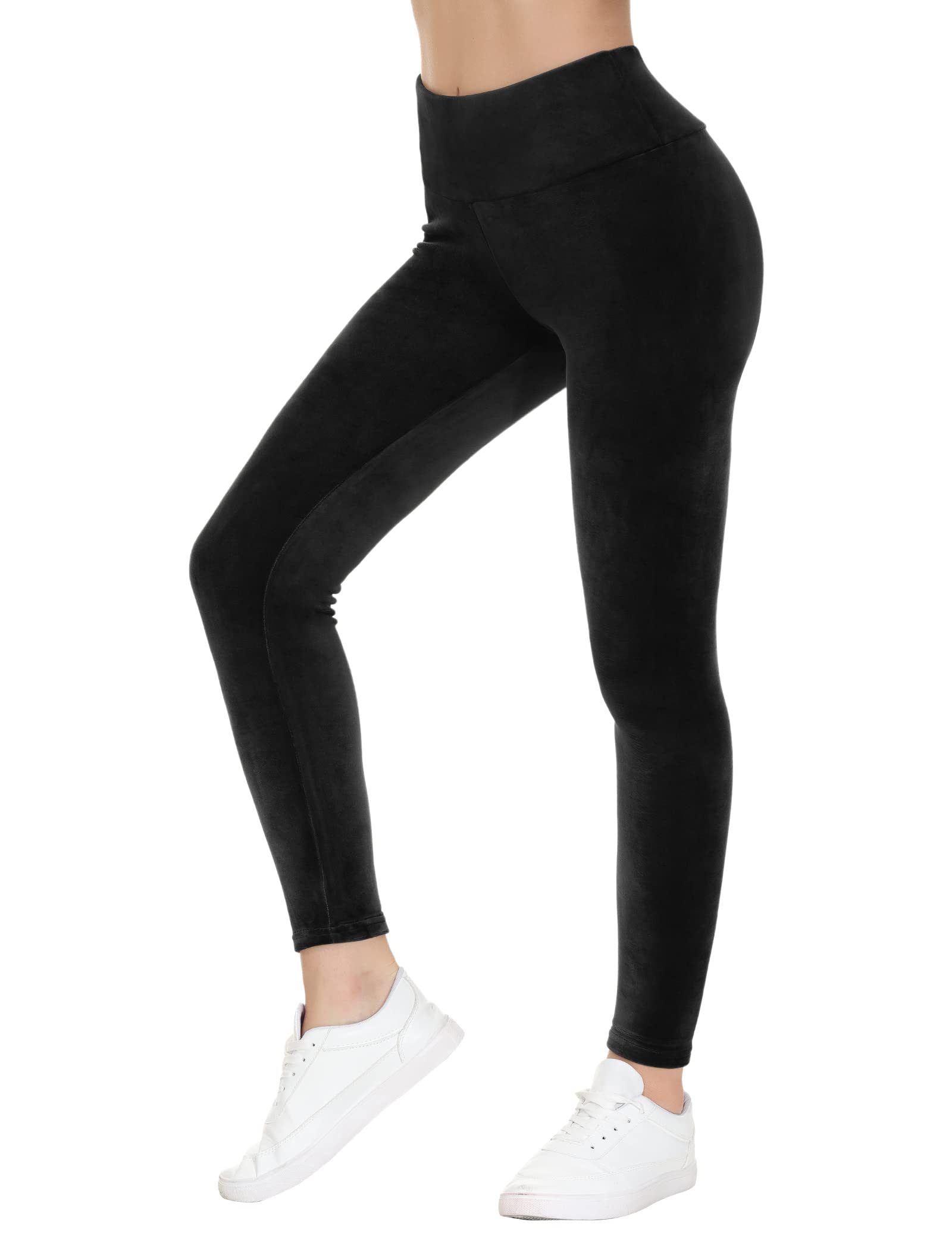 COZZIPLUS Women Velour Legging- High Waisted Buttery Soft Velvet Stretchy Legging, Black, S