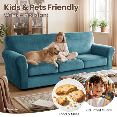 XINEAGE 3-Piece Velvet Loveseat Sofa Cover,Couch Cover for Dog,Peacock Blue by XINEAGE - Used condition - Image 6