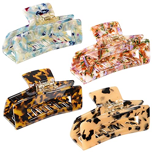 4 PCS Big Hair Claw Clips, 4 inch Large Tortoise Shell Hair Clips, Non-slip Acetate Barrettes, Hold Strong Jaw Clips, Marble Leopard Pattern Claw Hair Clips for Women Thin Thick Hair