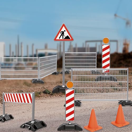 JAMARA 412413 - Baustellenset 1:20-38-Teiliges - Spielset-2 Schranken, 4 Pylonen, 3 Warnschilder, 4 Leitbaken (Warnbake), 6 Zäune und 19 Fußplatten