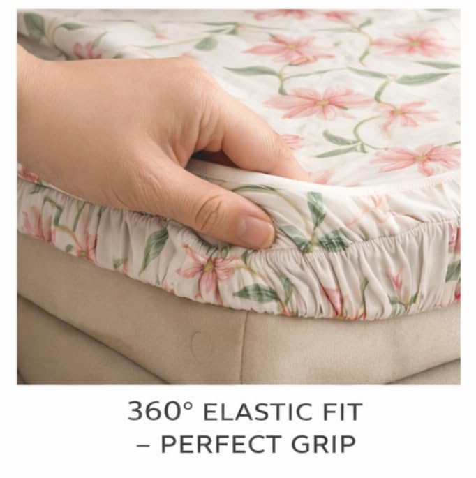 Image of Pure Cotton All Round Elastic Fitted Bedsheets with 1 Pillow Cover | Single Mattress Bed Breathable| Longlasting | Supersoft Size - 36 x 72 + 6 inches (Abstract, Color -Peach Blossom)