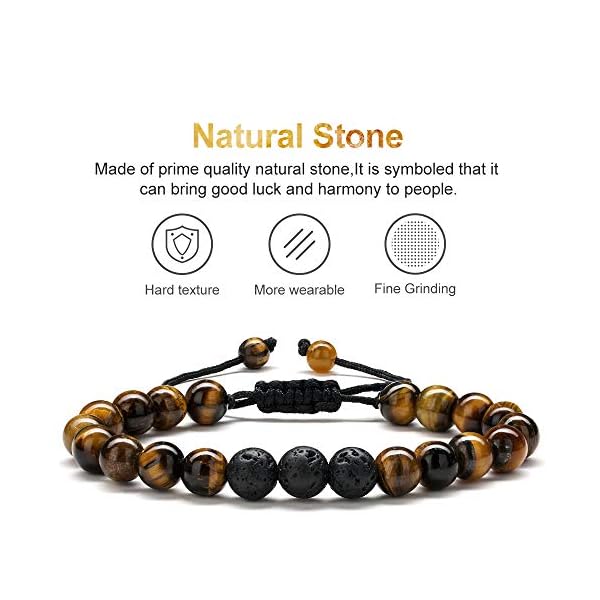 M MOOHAM Bead Bracelet for Mens Gifts, Natural Tiger Eye Black Lava Rock Stone Mens Anxiety Bracelets, Adjustable Aromatherapy Essential Oil Diffuser Healing Bracelet Gifts for Men Gifts for Father