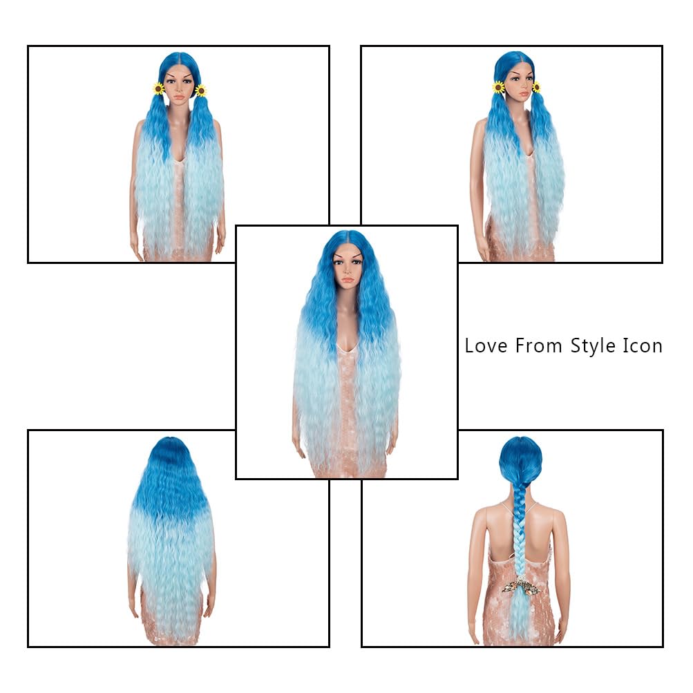 Style Icon 41" Ombre Blue Lace Front Wigs Long Wavy Synthetic Wigs with Baby Hair Ombre Blude Bohemian Style Half Hand Tied 130% Density Wigs (41", GT BLUE/BLUE5)