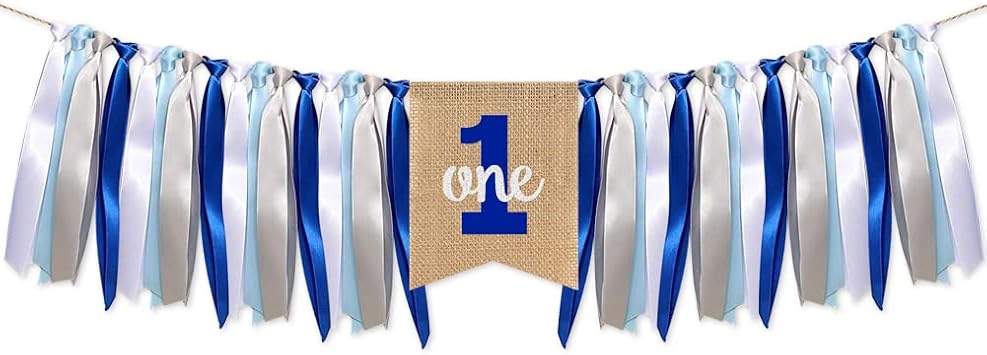 1st Birthday High Chair Banner - Blue & Silver Burlap Banner for Babys Birthday Party Decoration