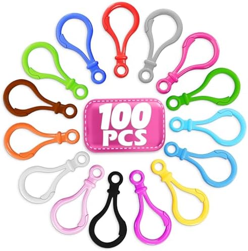 100 Pcs Plastic Keychain Clip Bulk – Sturdy Keychain Clips for Crafts in 15 Colors with Easy-Open Closure & Attachment Hole –