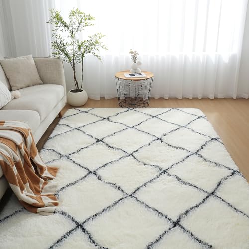 FREOSEN Tapis Salon Chambre Blanc Tapis Shaggy de Chambre 160 x 230 cm à Poils Longs Descente de...