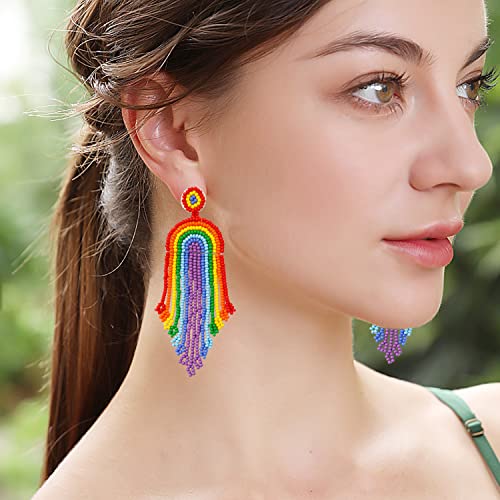 Jeanbeau Boho Rainbow Beaded Tassel Dangle Drop Earrings For Women Men Girls – Trend Long Pride Lgbt Red Yellow Purple Seed Beads Fringe Dangling Accessories Colorful Earing Jewelry #TOP1