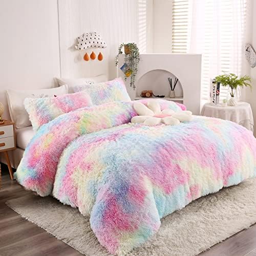 Luxury Plush Shaggy Bedding Sets 2PC Fluffy Bedding Crystal Velvet Ultra Soft Duvet Cover Zipper Closure Twin Size with 1 Pillowcases,Rainbow
