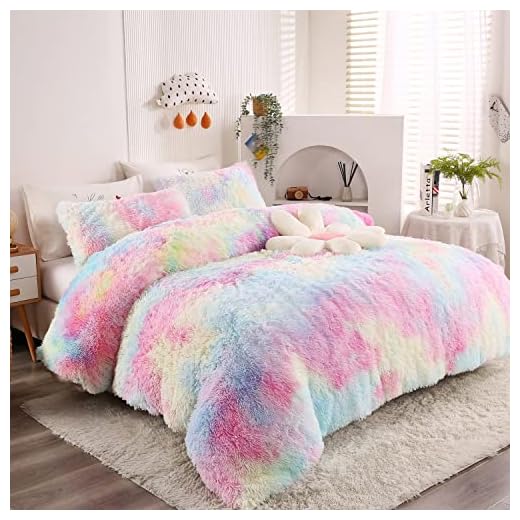 Luxury Plush Shaggy Bedding Sets 2PC Fluffy Bedding Crystal Velvet Ultra Soft Duvet Cover Zipper Closure Twin Size with 1 Pillowcases,Rainbow