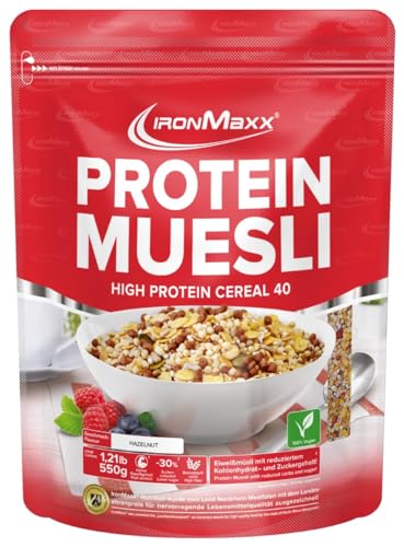 IronMaxx Muesli Proteico vegano senza lattosio, gusto nocciola, sacchetto da 550g (1 confezione)