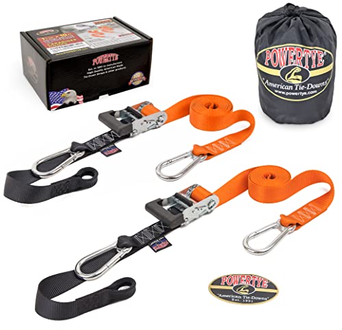 Image of PowerTye 1.5 inch x 10ft Extra Long Ratchet Tie Down Straps, Heavy Duty with Carabiner Hooks, Soft-Tye & Bag, for Motorcycle, ATV & Cargo - 1,000 lb WLL - Made in USA - Orange /Black Pair